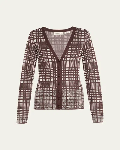 Zankov Elise Sequined Check V-neck Cardigan In Burgundy