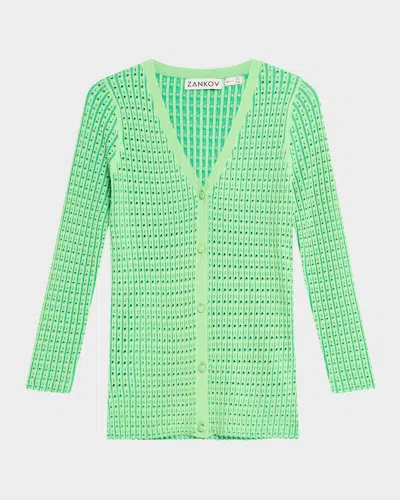 Zankov Elise V-neck Pointelle Knit Cardigan In Fluo Lime Multi
