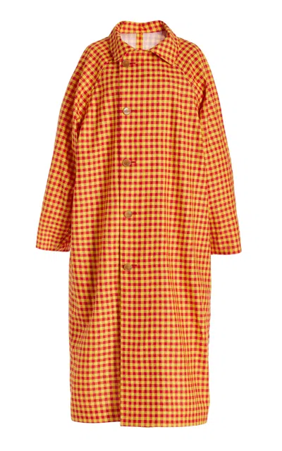 Zankov Hugo Oversized Double-breasted Microcheck Knit Trench In Orange