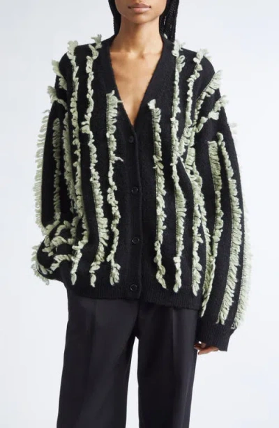 Zankov Joseph Fringe Stripe Merino Wool V-neck Cardigan In Black