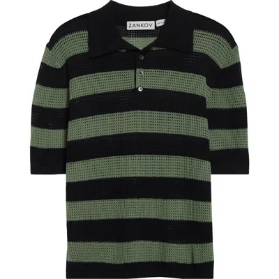 Zankov Luke Open Knit Merino Wool Polo In Black Multi