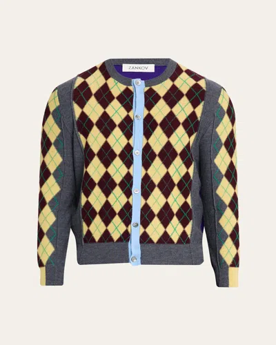 Zankov Men's Wool Argyle Color-block Cardigan In Multi