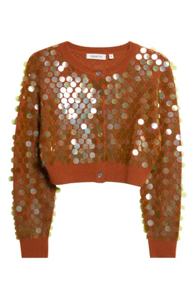 Zankov Mina Pointelle Knit Paillette Merino Wool & Cashmere Cardigan In Brown