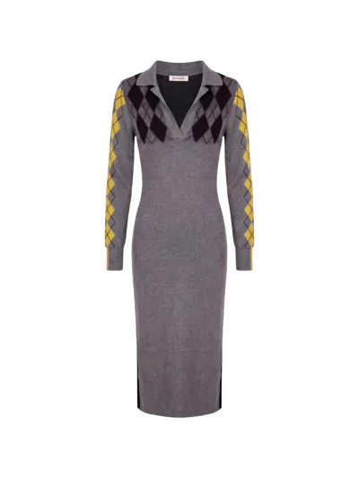 Zankov Raisa Argyle Merino Midi Dress In Gray