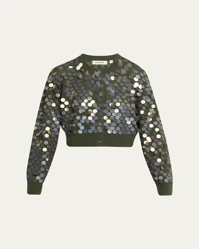 Zankov Sequined Cashmere Pointelle Knit Crop Cardigan In Olive