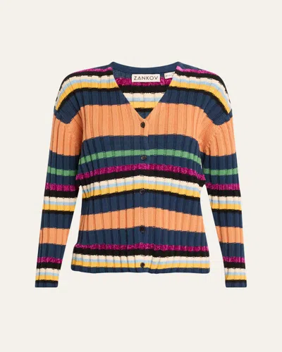 Zankov Suri V-neck Stripe Ribbed Wool Cardigan In Marine Multi
