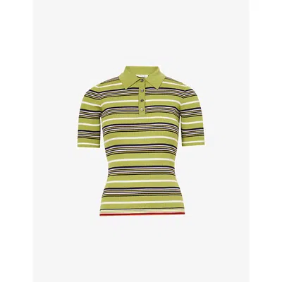 Zankov Womens Aloe Janis Striped Wool Polo Top In Green