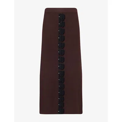 Zankov Womens  Charlise Buckle-embellished Wool Midi Skirt In Chocolate