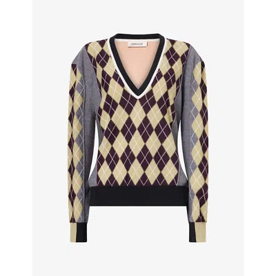 Zankov Womens  V-neck Geometric-pattern Wool Jumper In Grey Melange Multi