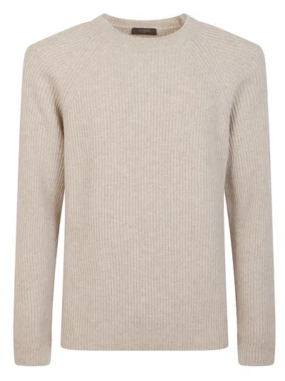 Zanone Beige English Rib Wool Sweater With Crew Neck And Ribbed Details In Neutral