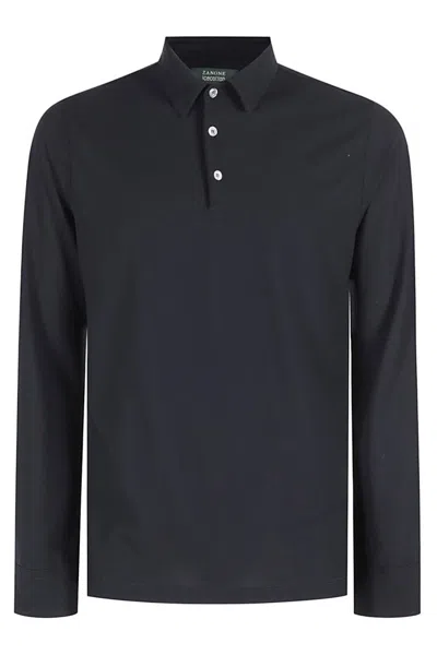 Zanone Blue Icecotton Long-sleeve Polo With Buttoned Collar