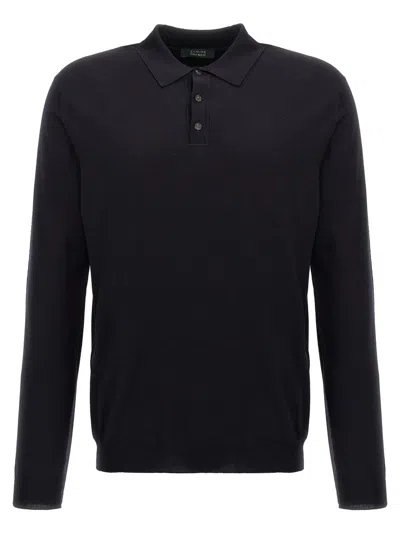 ZANONE BLUE WOOL KNIT POLO SHIRT WITH CLASSIC COLLAR AND CUFFED SLEEVES