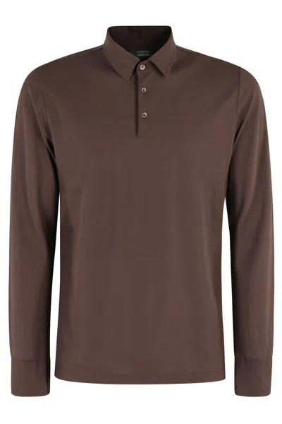 ZANONE BROWN ICE COTTON LONG-SLEEVED POLO WITH CLASSIC COLLAR