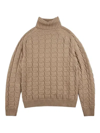 Zanone Turtleneck Cable Knit Sweater With Ribbed Cuffs And Hem In Animal Print