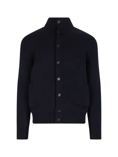 Zanone Dark Blue Chioto High-collar Ribbed Virgin Wool Cardigan In Black