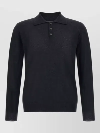 Zanone Cashmere Polo Shirt Long Sleeves Ribbed Cuffs In Black
