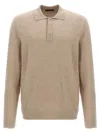 Zanone Cashmere Blend Long Sleeve Polo Shirt With Classic Collar In Beige