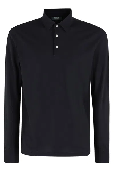Zanone Classic Long-sleeved Polo Shirt With Buttoned Cuffs In Blue
