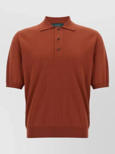 Zanone Cotton Polo Shirt Straight Cut Ribbed Collar Hem In Brown
