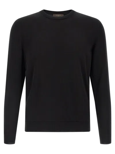 Zanone Cotton Knit Sweater Long Sleeves Ribbed Finishes In Black