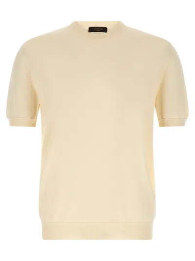 Zanone Cotton Crew Neck Sweater Short Sleeves In Yellow