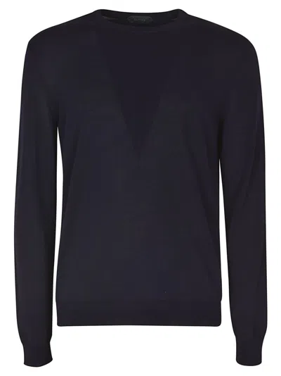 Zanone Crew Neck Cotton Sweater With Subtle V-shaped Design In Blue