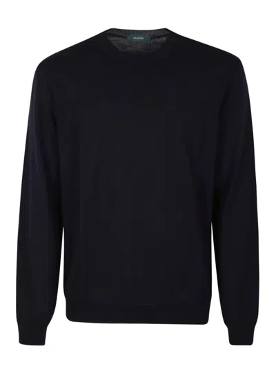 Zanone Linen Relaxed-fit Top With Classic Crew Neckline In Blue