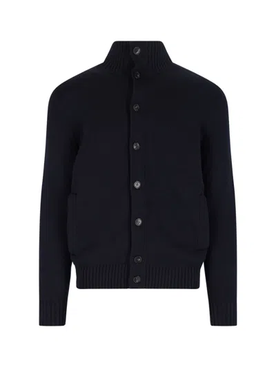 Zanone Dark Blue Chioto High-collar Ribbed Virgin Wool Cardigan