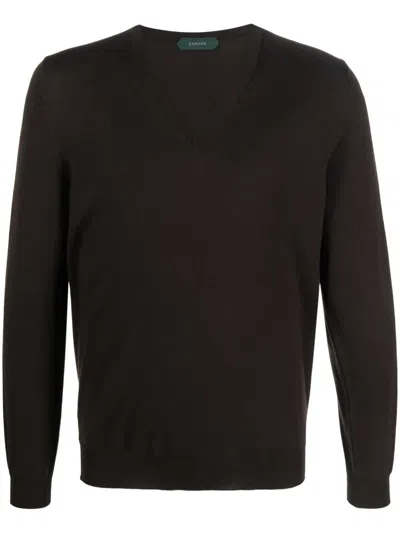 Zanone Fine-knit Wool Blend Jumper In Brown