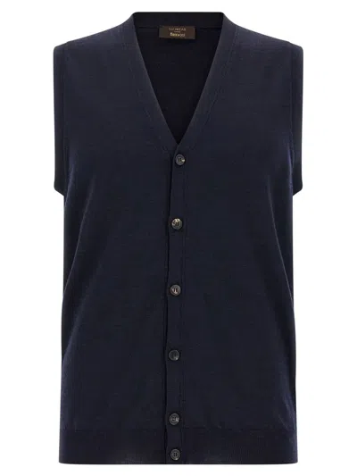 Zanone Sleeveless V-neck Ribbed Knit Vest In Blue