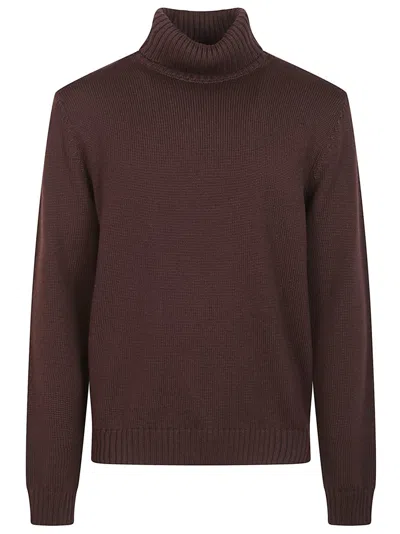 ZANONE ZANONE HIGH-NECK BROWN WOOL SWEATER WITH RIBBED DETAILING