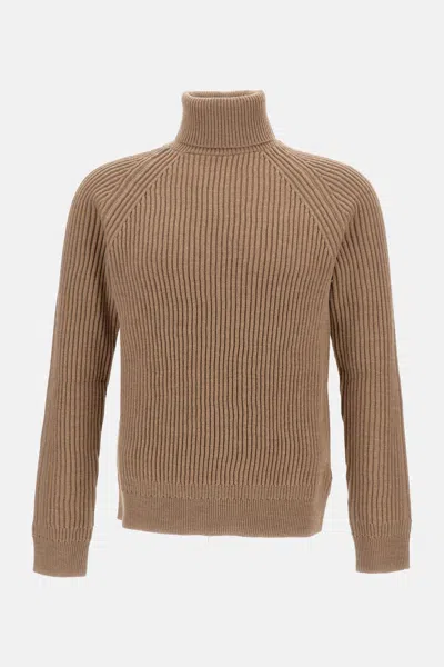 Zanone Beige Roll Neck Wool Sweater In Brown