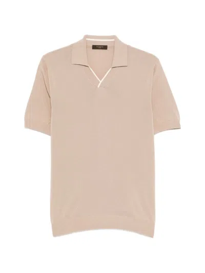 Zanone Knit Polo With Collar, White Trim Short Sleeve In Brown