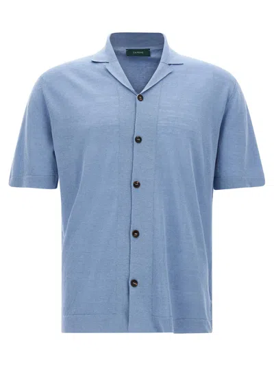 Zanone Linen Blend Knit Shirt In Blue