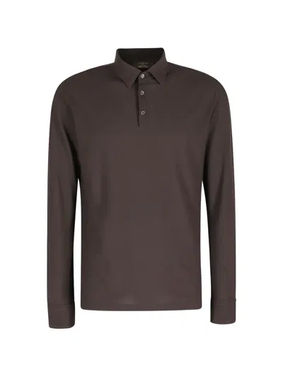 Zanone Long Sleeve Polo Shirt Button Collar In Brown