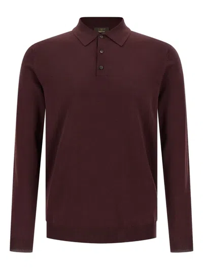 Zanone Wool Polo Shirt Collar Ribbed Cuffs Hem In Burgundy