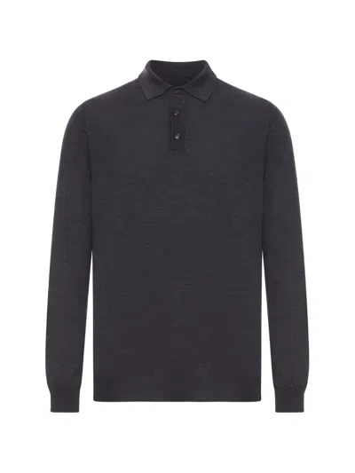 Zanone Long Sleeve Knit Polo Ribbed Cuffs In Black