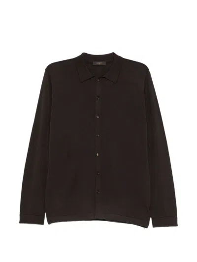 Zanone Long-sleeved Wool Fabric Shirt In Brown