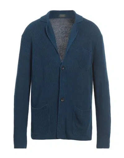 Zanone Man Cardigan Blue Size 46 Linen, Cotton