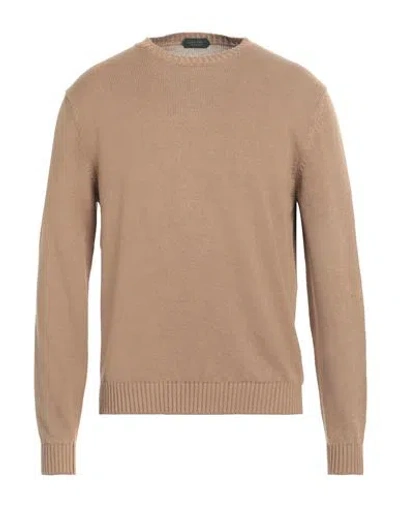 Zanone Man Sweater Camel Size 44 Linen, Cotton In Gray