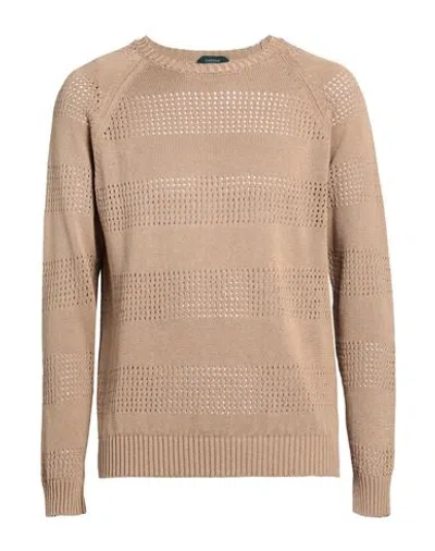 Zanone Man Sweater Sand Size 44 Linen, Cotton In Brown