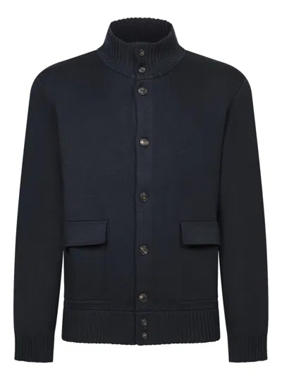 Zanone Navy Blue Cardigan With High Neck And Pockets In Black