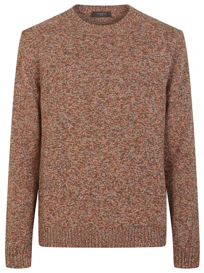 Zanone Olive-orange Melange Wool Sweater With Ribbed Hem And Cuffs In Brown