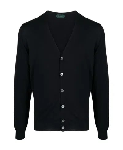 Zanone Plunging V-neck Fine-knit Cardigan In Black