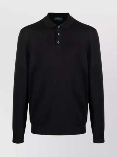 Zanone Blue Wool Knit Polo Shirt With Classic Collar And Cuffed Sleeves