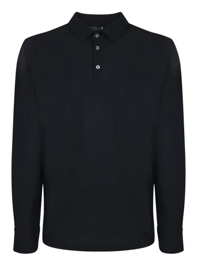 Zanone Refined Long Sleeve Polo With Three-button Collar In Blue
