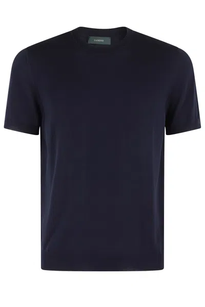Zanone Regular-fit Cotton Knit Sweater With Ribbed Trims In Blue