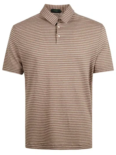 Zanone Striped Linen-blend Polo Shirt In Pink