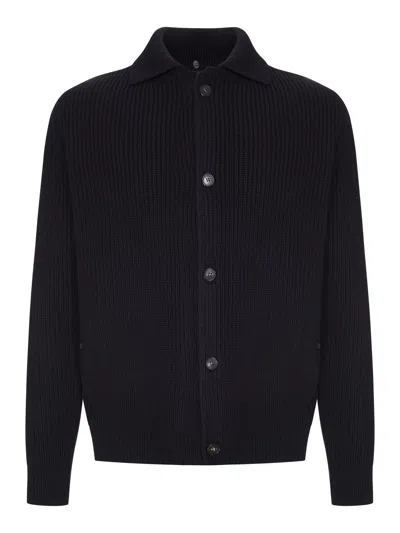Zanone Ribbed Knit Cardigan With Collar And Buttons In Black