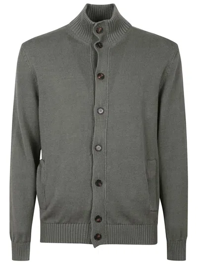 Zanone Ribbed Knit Cardigan With High Collar In Gray